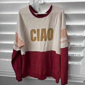 Anthropologie “Back When” Long Sleeve Ciao Top — Cream with Red & Tan Color Bloc